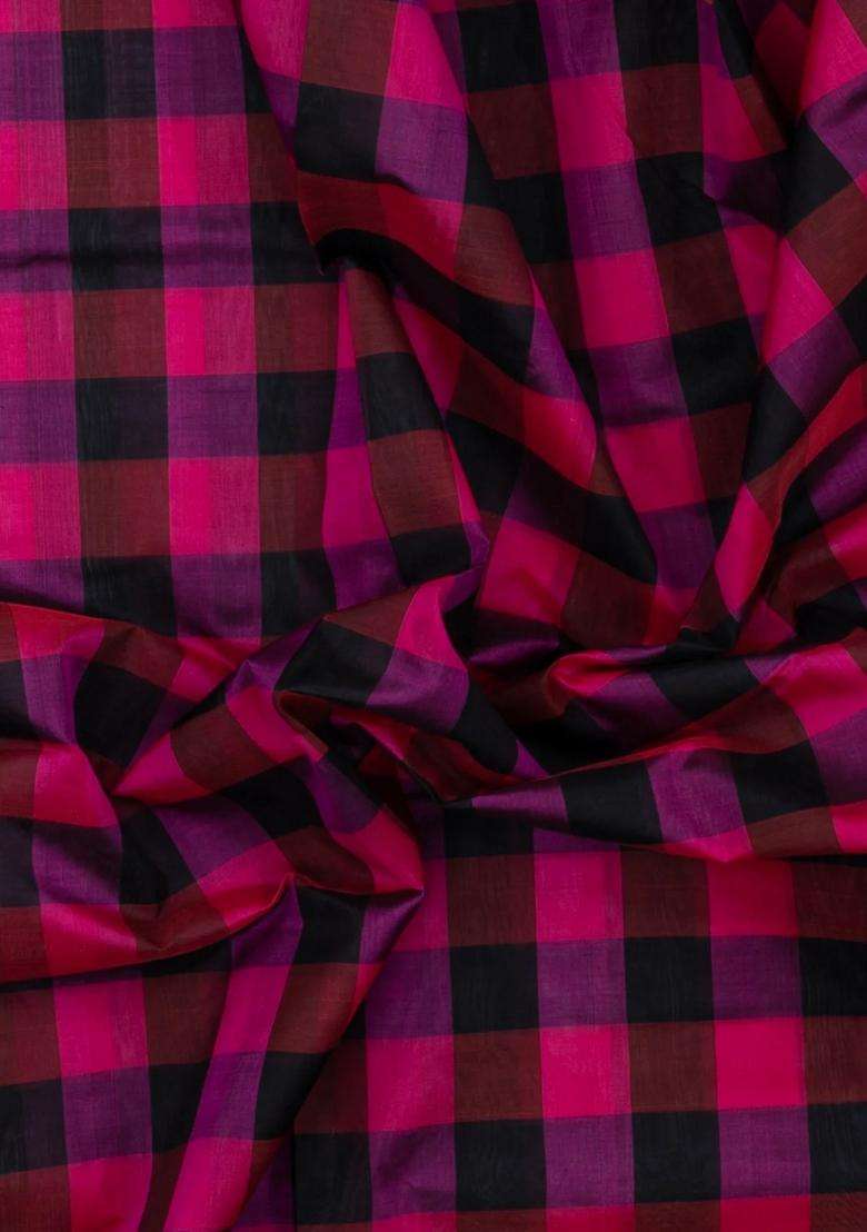 Black Pink Handloom Silk Cotton Saree With Checks Zari Border With Checks And Stripes Design For Women - Indya