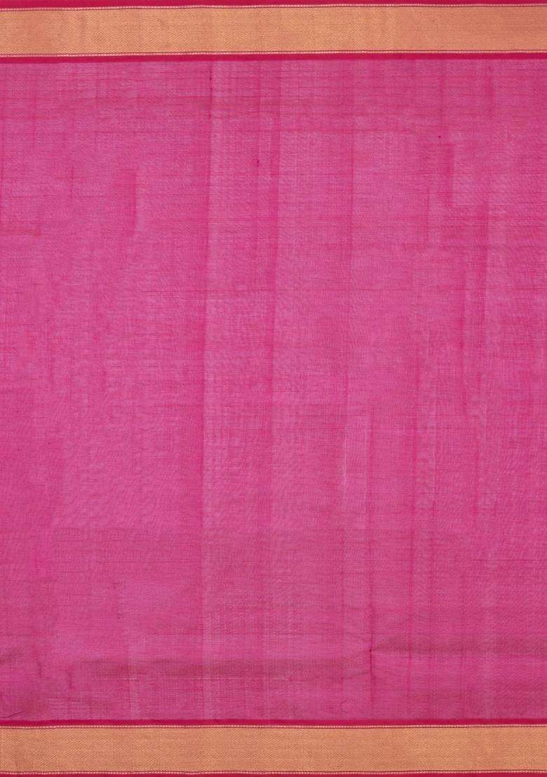 Black Pink Handloom Silk Cotton Saree With Checks Zari Border With Checks And Stripes Design For Women - Indya