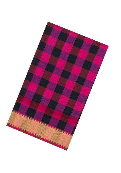 Black Pink Handloom Silk Cotton Saree With Checks Zari Border With Checks And Stripes Design For Women