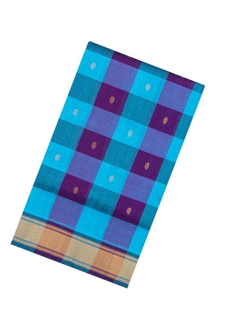 Purple Turquoise Handloom Silk Cotton Saree With Checks Zari Buttas With Buttas And Brocade Design For Women - Indya