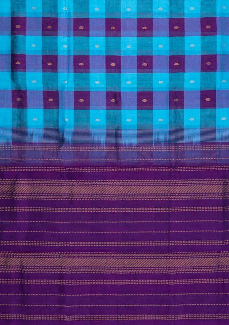 Purple Turquoise Handloom Silk Cotton Saree With Checks Zari Buttas With Buttas And Brocade Design For Women - Indya