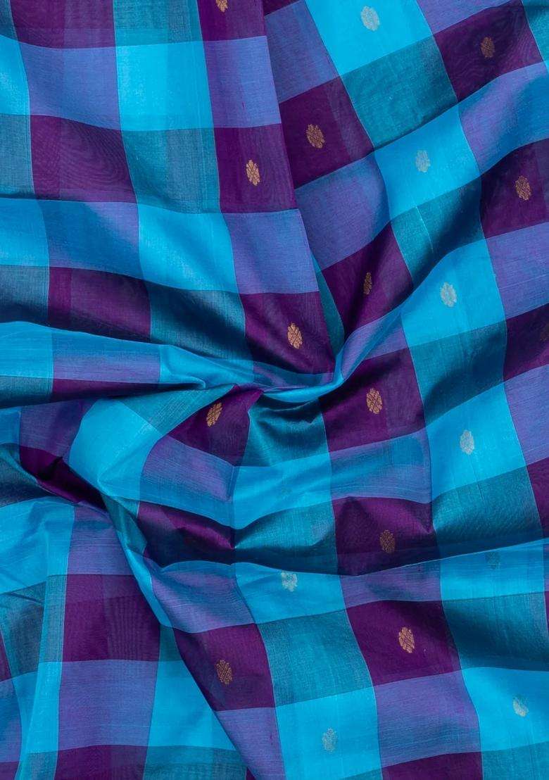 Purple Turquoise Handloom Silk Cotton Saree With Checks Zari Buttas With Buttas And Brocade Design For Women - Indya