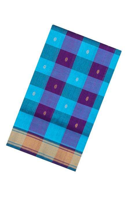 Purple Turquoise Handloom Silk Cotton Saree With Checks Zari Buttas With Buttas And Brocade Design For Women