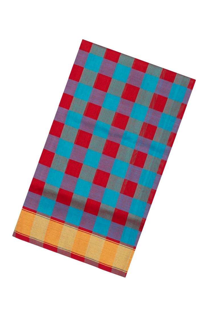 Cyan Red Handloom Silk Cotton Saree With Checks Zari Buttas With Buttas And Brocade Design For Women - Indya