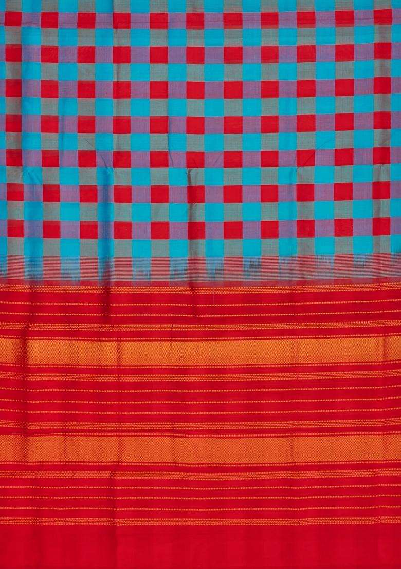 Cyan Red Handloom Silk Cotton Saree With Checks Zari Buttas With Buttas And Brocade Design For Women - Indya