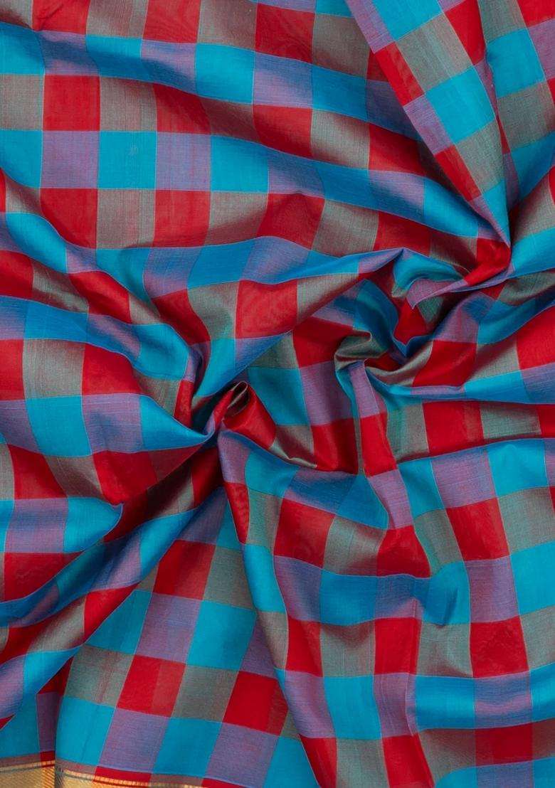 Cyan Red Handloom Silk Cotton Saree With Checks Zari Buttas With Buttas And Brocade Design For Women - Indya