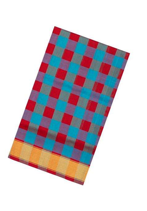 Cyan Red Handloom Silk Cotton Saree With Checks Zari Buttas With Buttas And Brocade Design For Women