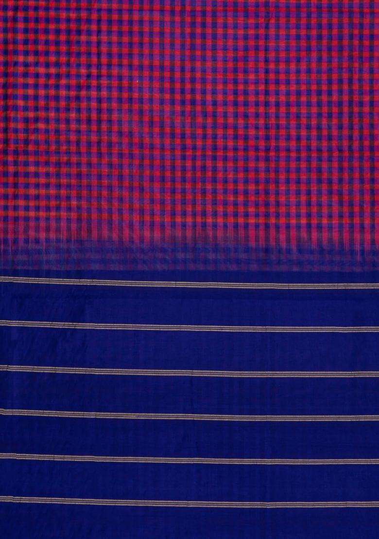 Purple Pink Handloom Silk Cotton Saree With Checks Zari Border With Checks And Stripes Design For Women - Indya