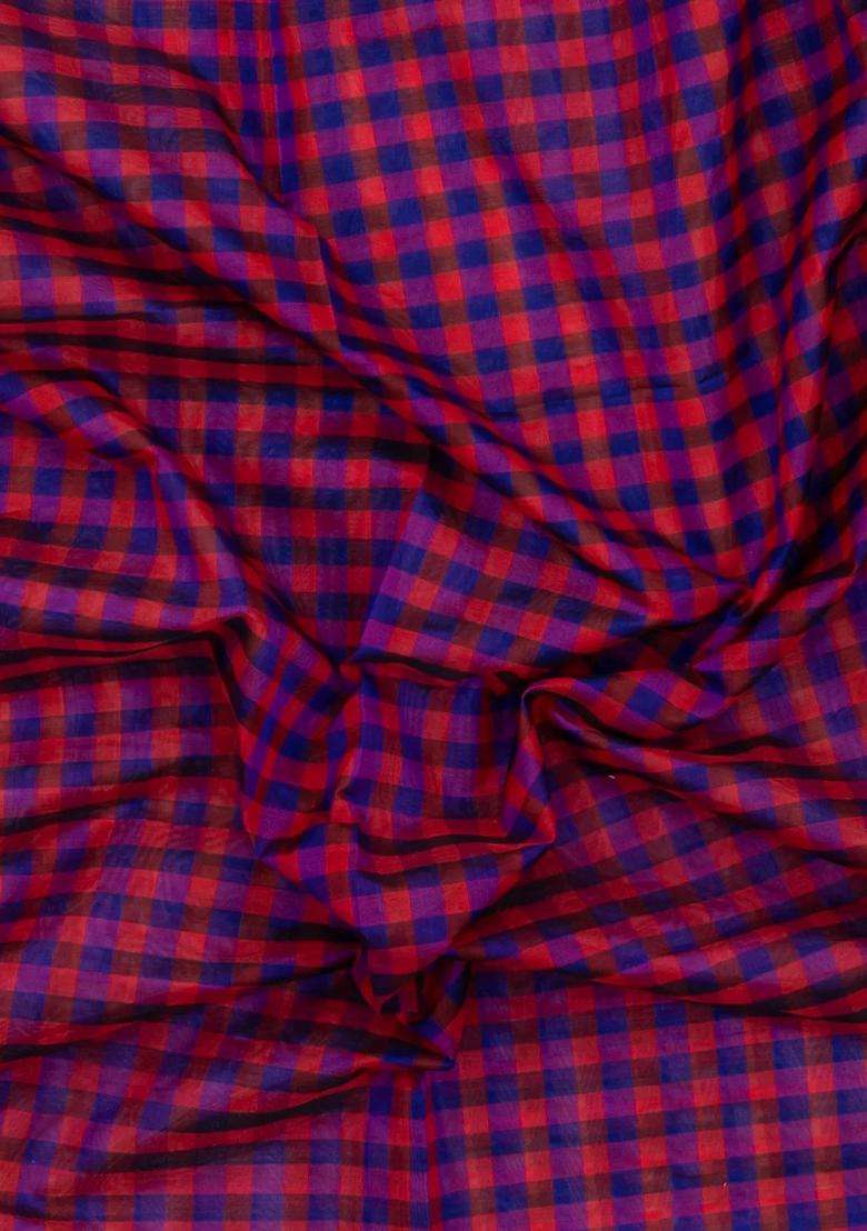 Purple Pink Handloom Silk Cotton Saree With Checks Zari Border With Checks And Stripes Design For Women - Indya