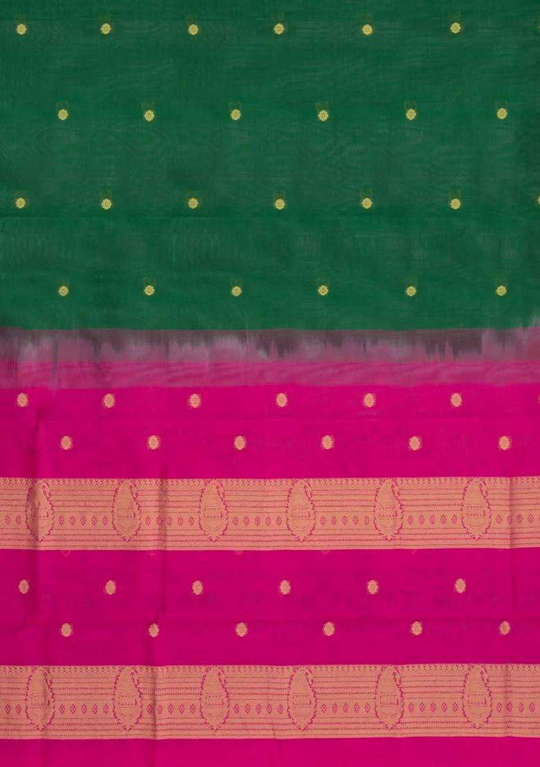 Dark Green Handloom Silk Cotton Saree With Zari Buttas Contrast Border With Buttas And Brocade Design For Women - Indya