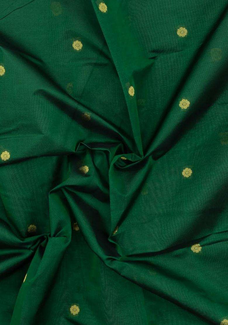 Dark Green Handloom Silk Cotton Saree With Zari Buttas Contrast Border With Buttas And Brocade Design For Women - Indya