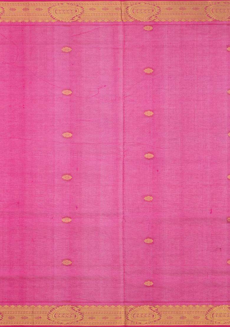 Dark Green Handloom Silk Cotton Saree With Zari Buttas Contrast Border With Buttas And Brocade Design For Women - Indya