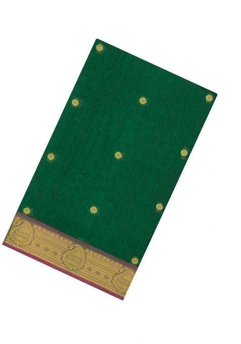 Dark Green Handloom Silk Cotton Saree With Zari Buttas Contrast Border With Buttas And Brocade Design For Women