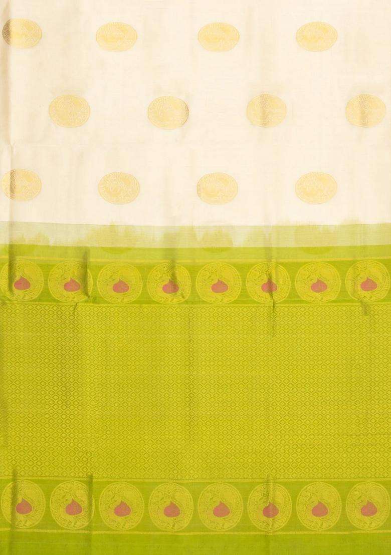 Off White Handloom Silk Cotton Saree With Buttas Contrast Zari Border With Buttas And Brocade Design For Women - Indya