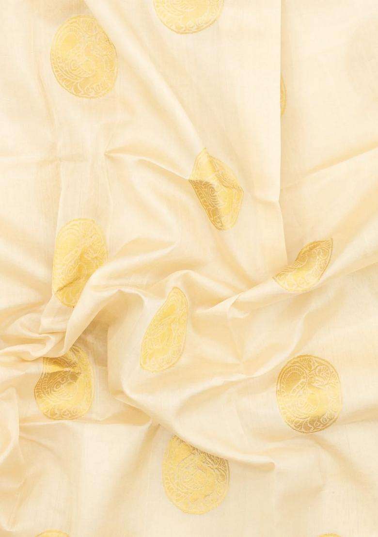 Off White Handloom Silk Cotton Saree With Buttas Contrast Zari Border With Buttas And Brocade Design For Women - Indya
