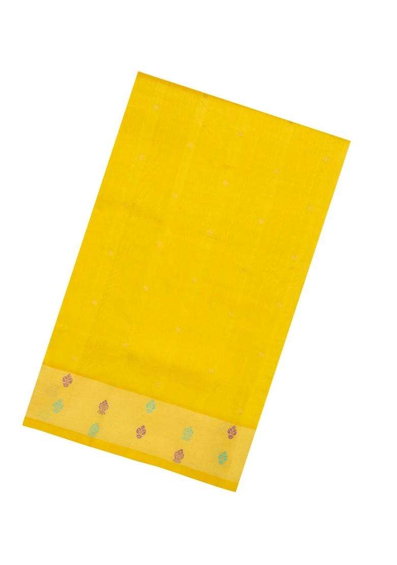 Yellow Handloom Silk Cotton Saree With Buttas Zari Border With Buttas And Brocade Design For Women - Indya