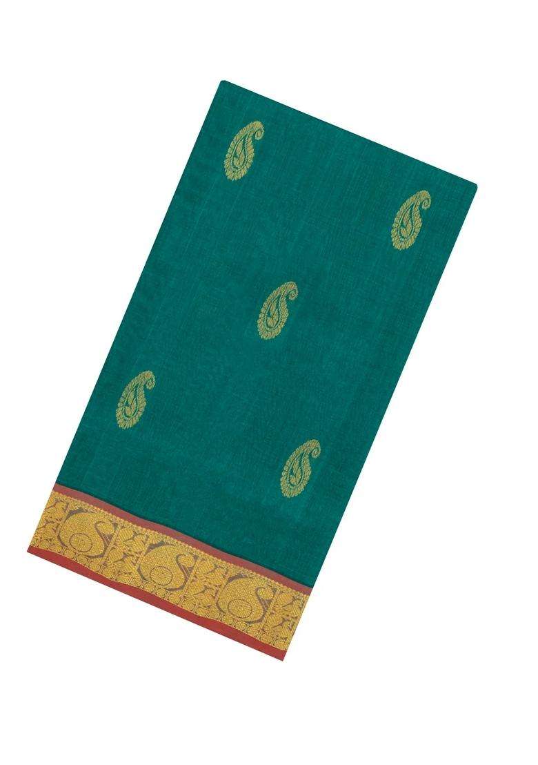 Sea Green Handloom Silk Cotton Saree With Zari Buttas Contrast Border With Buttas And Brocade Design For Women - Indya