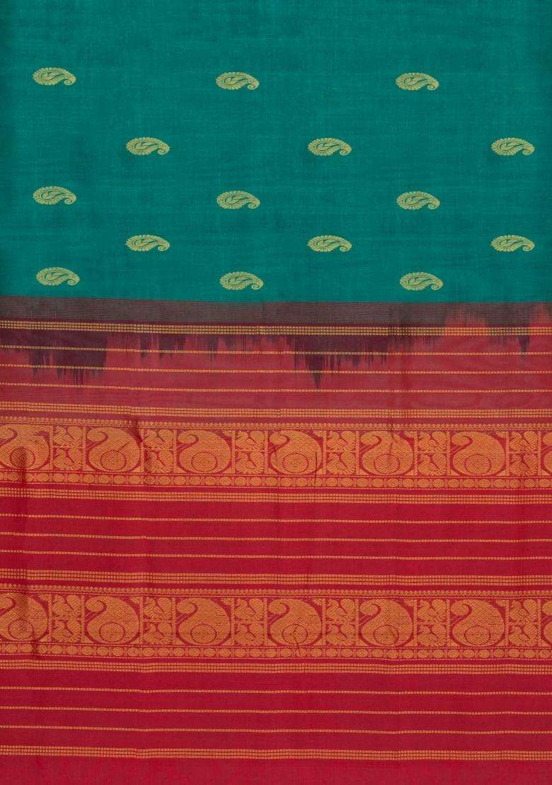 Sea Green Handloom Silk Cotton Saree With Zari Buttas Contrast Border With Buttas And Brocade Design For Women - Indya