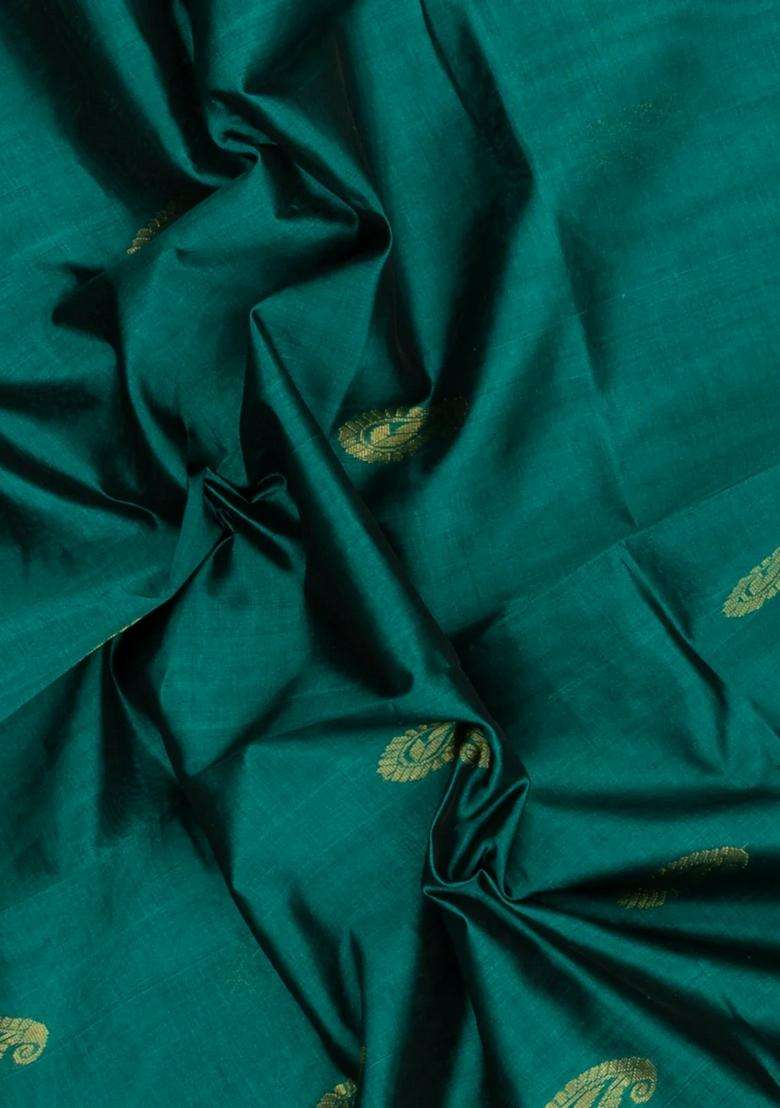 Sea Green Handloom Silk Cotton Saree With Zari Buttas Contrast Border With Buttas And Brocade Design For Women - Indya