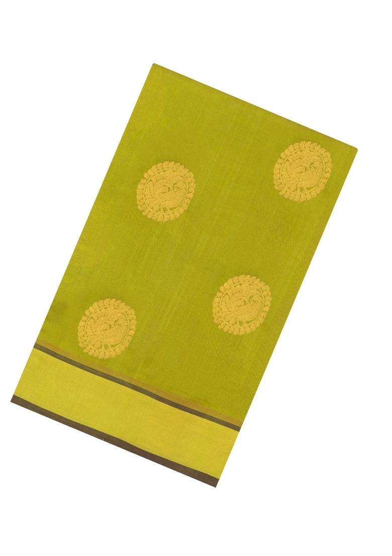 Green Handloom Silk Cotton Saree With Buttas Contrast Zari Border With Buttas And Brocade Design For Women - Indya