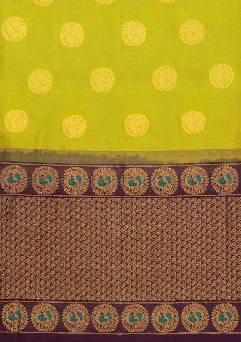 Green Handloom Silk Cotton Saree With Buttas Contrast Zari Border With Buttas And Brocade Design For Women - Indya