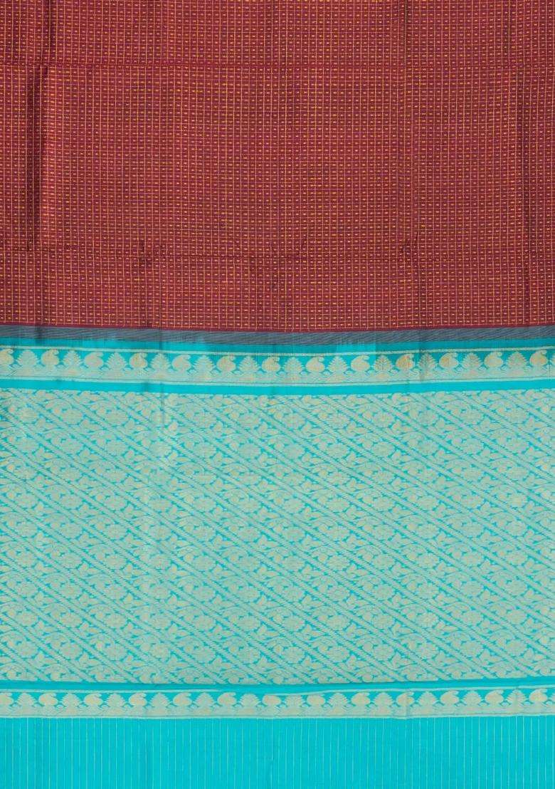Maroon Handloom Silk Cotton Saree With Checks Buttas With Buttas And Brocade Design For Women - Indya