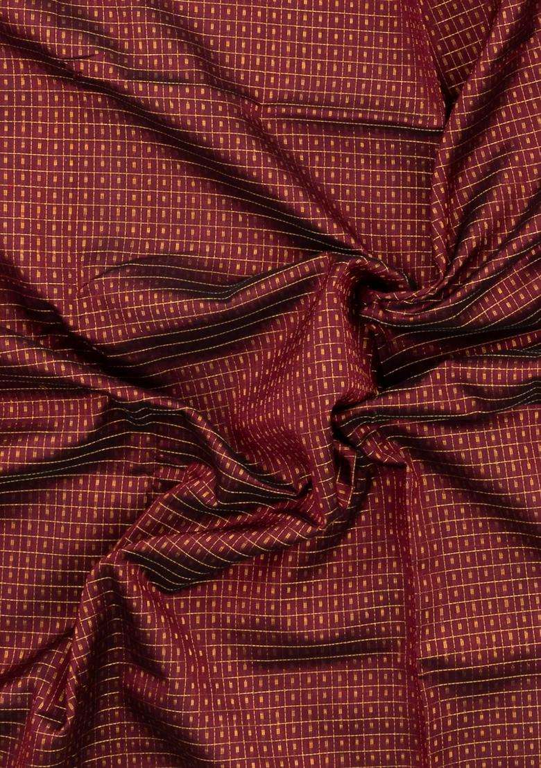 Maroon Handloom Silk Cotton Saree With Checks Buttas With Buttas And Brocade Design For Women - Indya