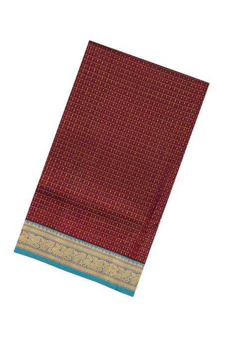 Maroon Handloom Silk Cotton Saree With Checks Buttas With Buttas And Brocade Design For Women