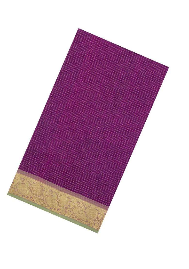 Purple Handloom Silk Cotton Saree With Checks With Checks And Stripes Design For Women - Indya