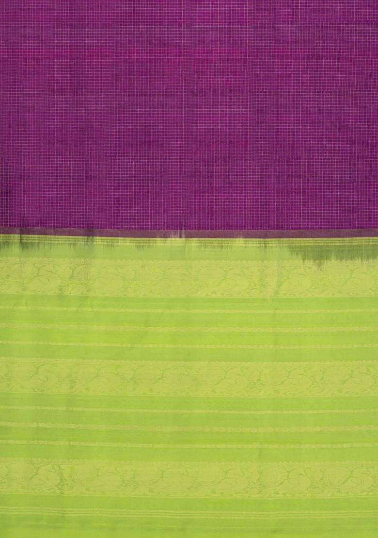 Purple Handloom Silk Cotton Saree With Checks With Checks And Stripes Design For Women - Indya