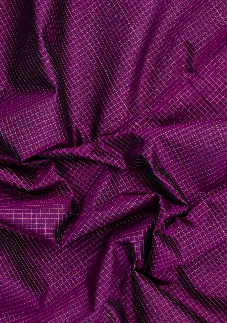 Purple Handloom Silk Cotton Saree With Checks With Checks And Stripes Design For Women - Indya