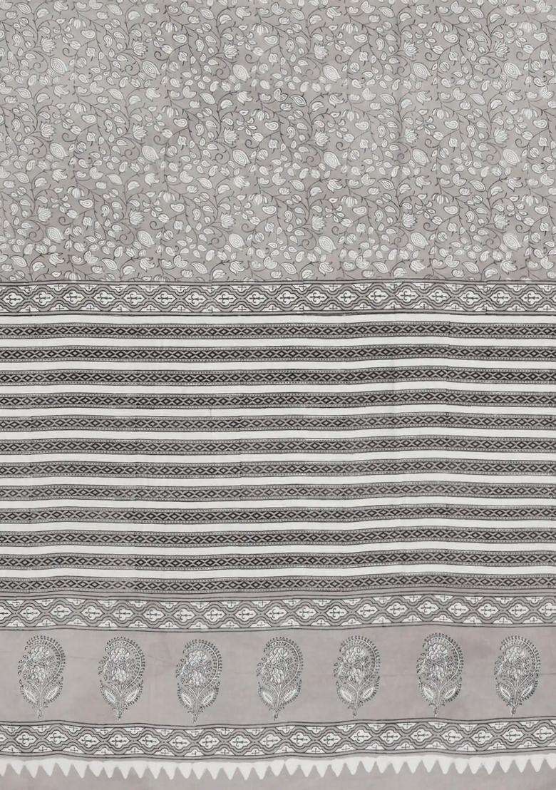 Grey Printed Jaipur Cotton Saree With Border For Women - Indya