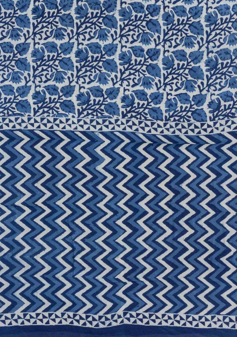 Indigo Printed Jaipur Cotton Saree With Border For Women - Indya