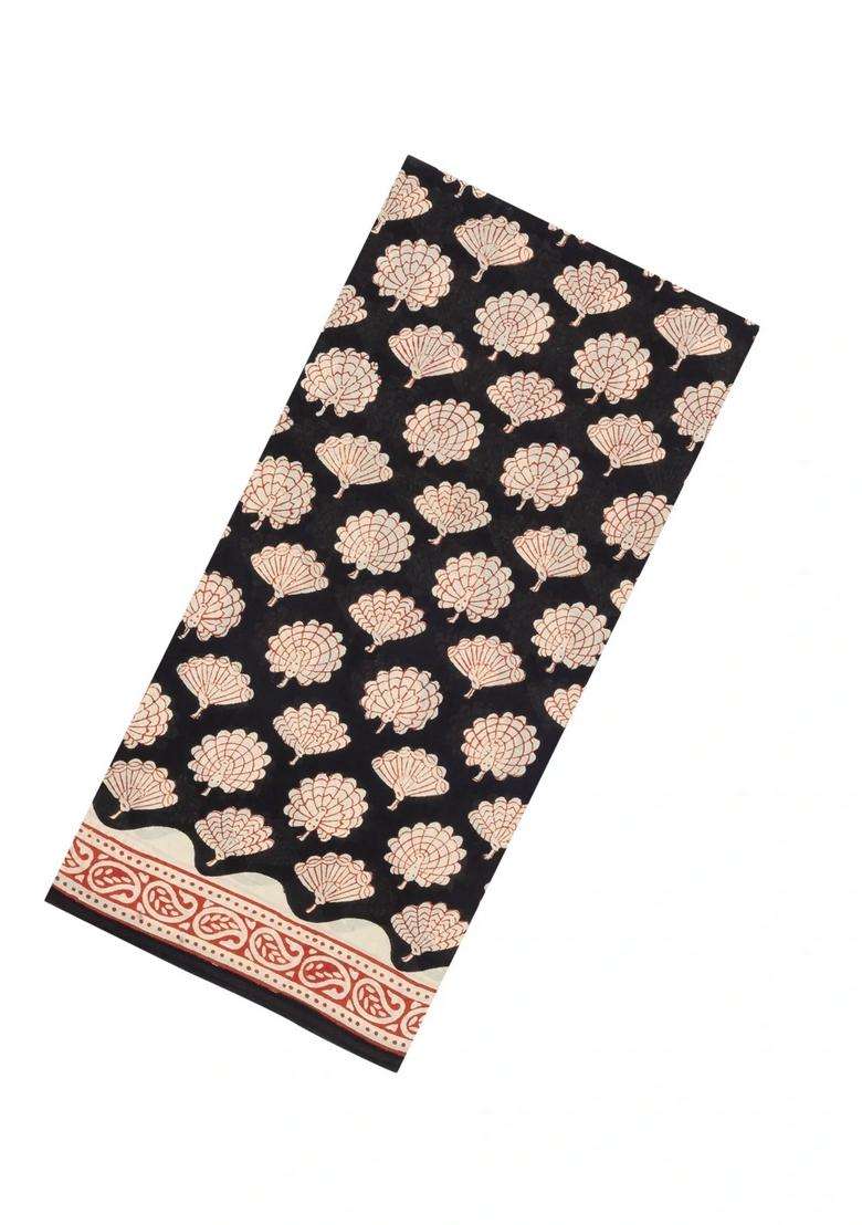 Black Printed Jaipur Cotton Saree With Border For Women - Indya