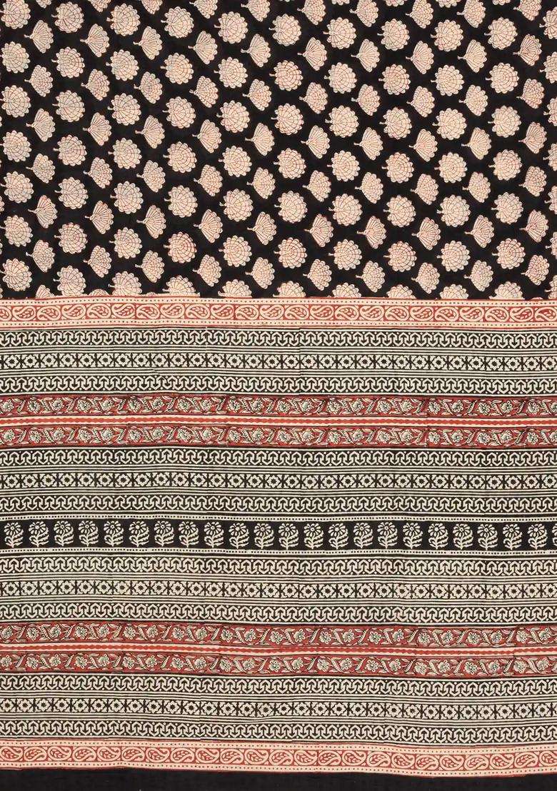 Black Printed Jaipur Cotton Saree With Border For Women - Indya