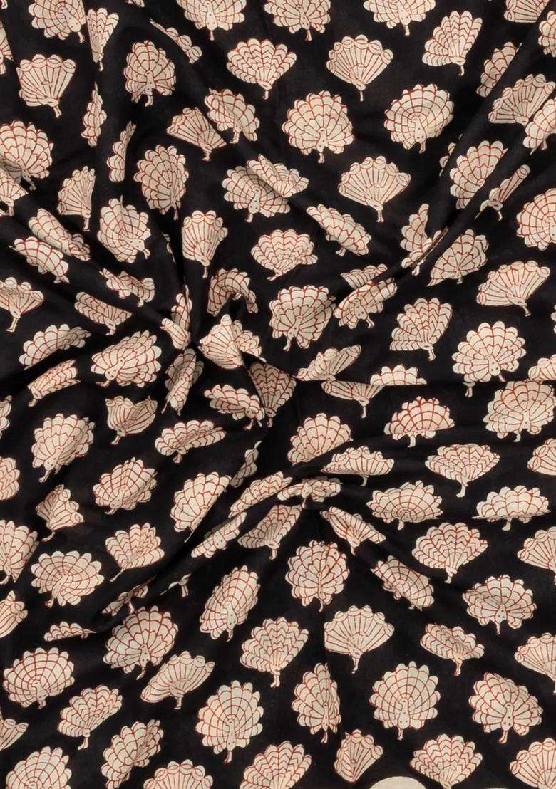 Black Printed Jaipur Cotton Saree With Border For Women - Indya