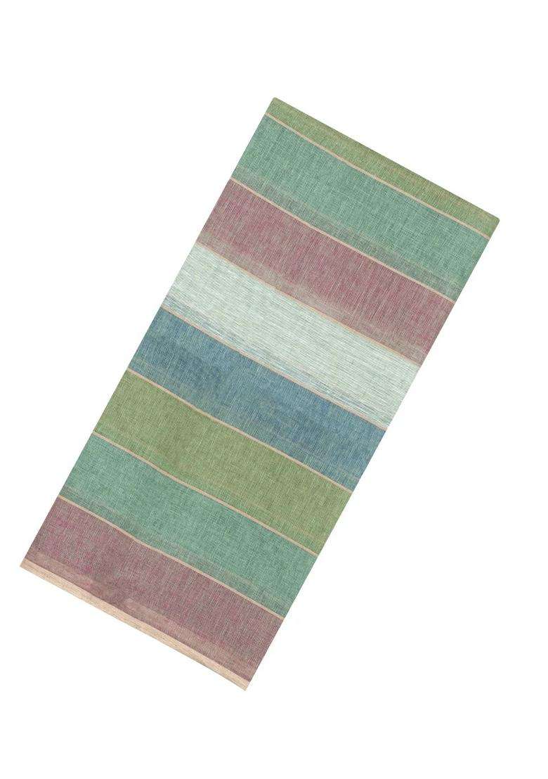 Multi Colour Woven Linen Saree With Stripes With Checks And Stripes Design For Women - Indya