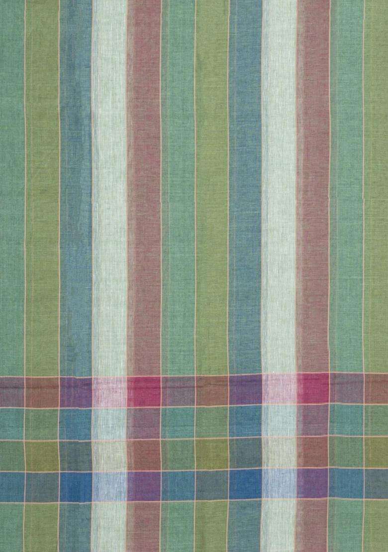 Multi Colour Woven Linen Saree With Stripes With Checks And Stripes Design For Women - Indya