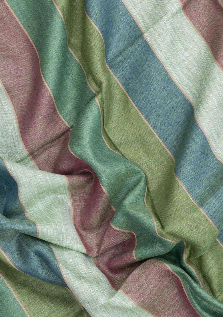 Multi Colour Woven Linen Saree With Stripes With Checks And Stripes Design For Women - Indya