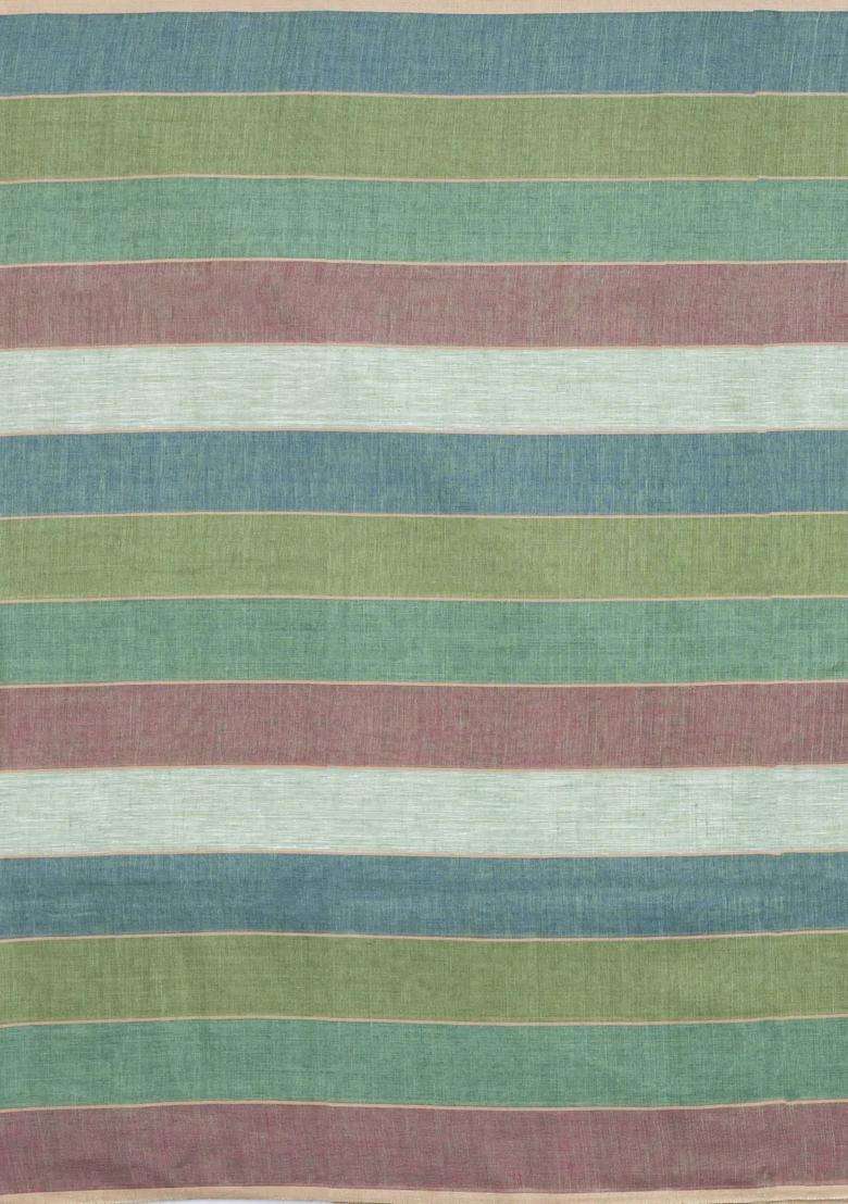 Multi Colour Woven Linen Saree With Stripes With Checks And Stripes Design For Women - Indya
