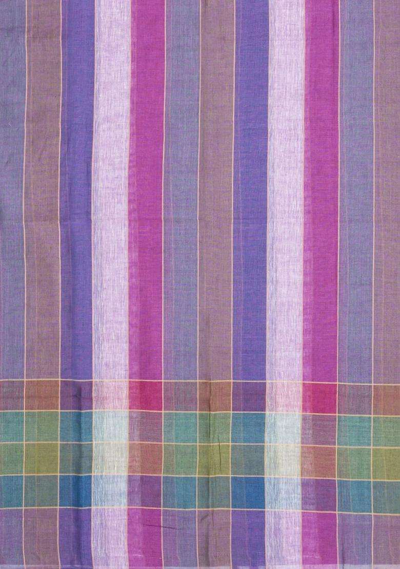 Multi Colour Woven Linen Saree With Stripes With Checks And Stripes Design For Women - Indya