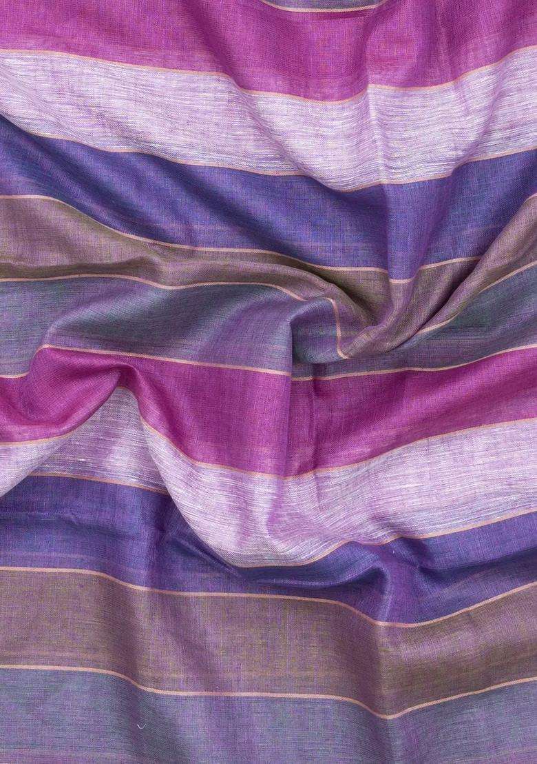 Multi Colour Woven Linen Saree With Stripes With Checks And Stripes Design For Women - Indya