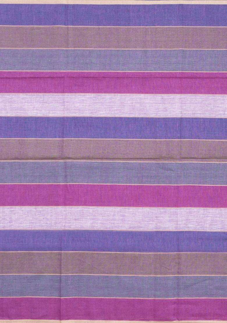 Multi Colour Woven Linen Saree With Stripes With Checks And Stripes Design For Women - Indya