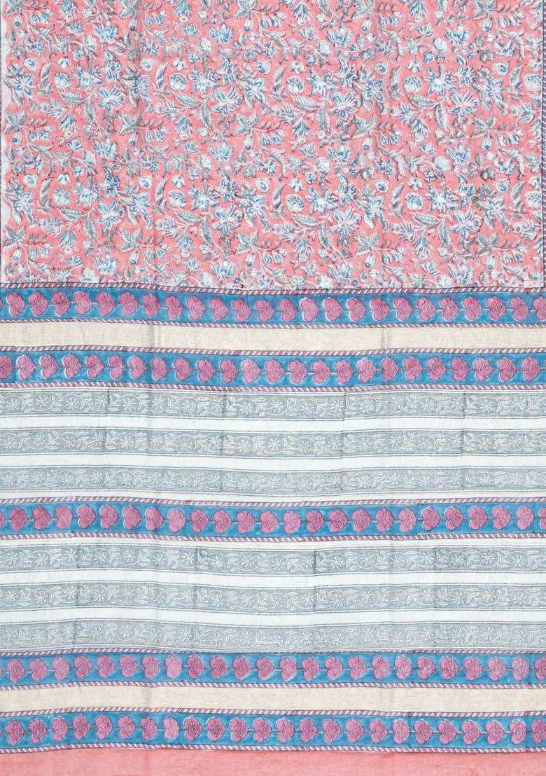 Baby Pink Printed Chanderi Cotton Saree With Zari Border For Women - Indya