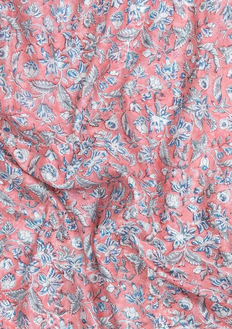 Baby Pink Printed Chanderi Cotton Saree With Zari Border For Women - Indya