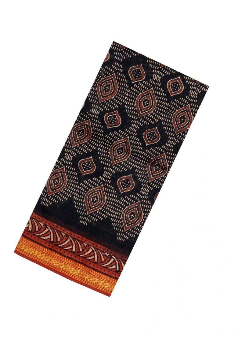 Black Printed Chanderi Cotton Saree With Zari Border For Women - Indya