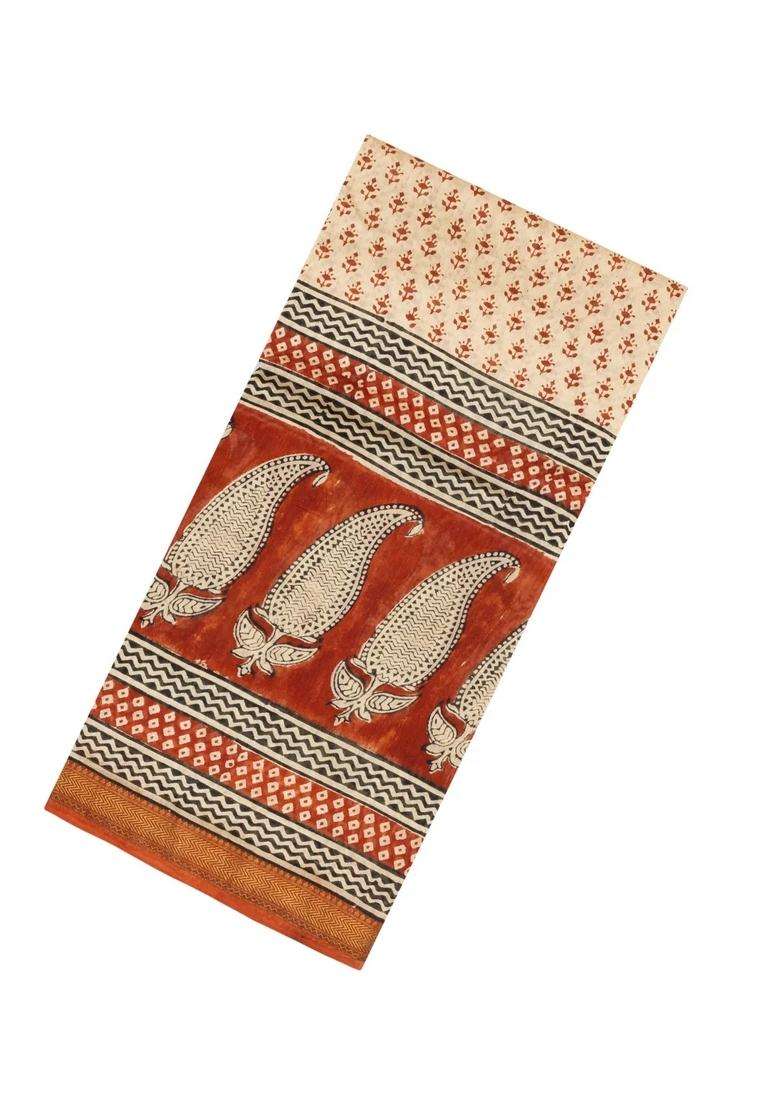 Cream Printed Chanderi Cotton Saree With Zari Border For Women - Indya