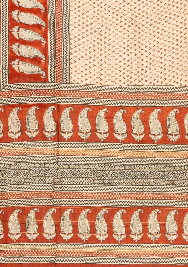 Cream Printed Chanderi Cotton Saree With Zari Border For Women - Indya