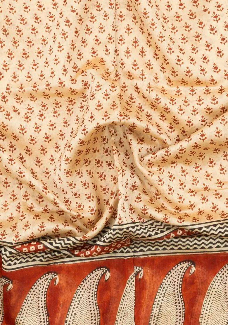 Cream Printed Chanderi Cotton Saree With Zari Border For Women - Indya
