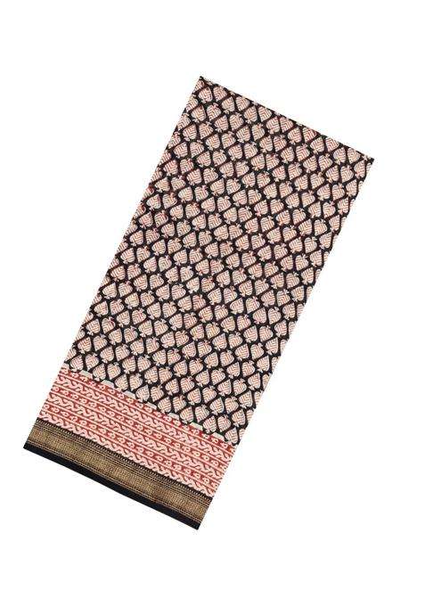 Black Printed Chanderi Cotton Saree With Zari Border For Women